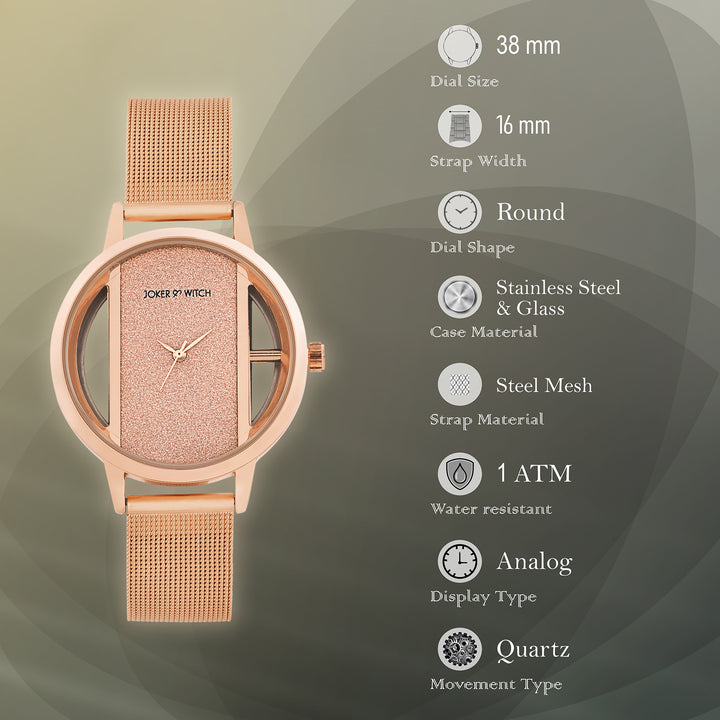 Futuristic Rose Gold Large Glitter Dial Mesh Strap Women's Watch