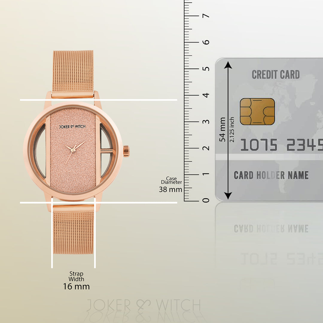 Futuristic Rose Gold Large Glitter Dial Mesh Strap Women's Watch