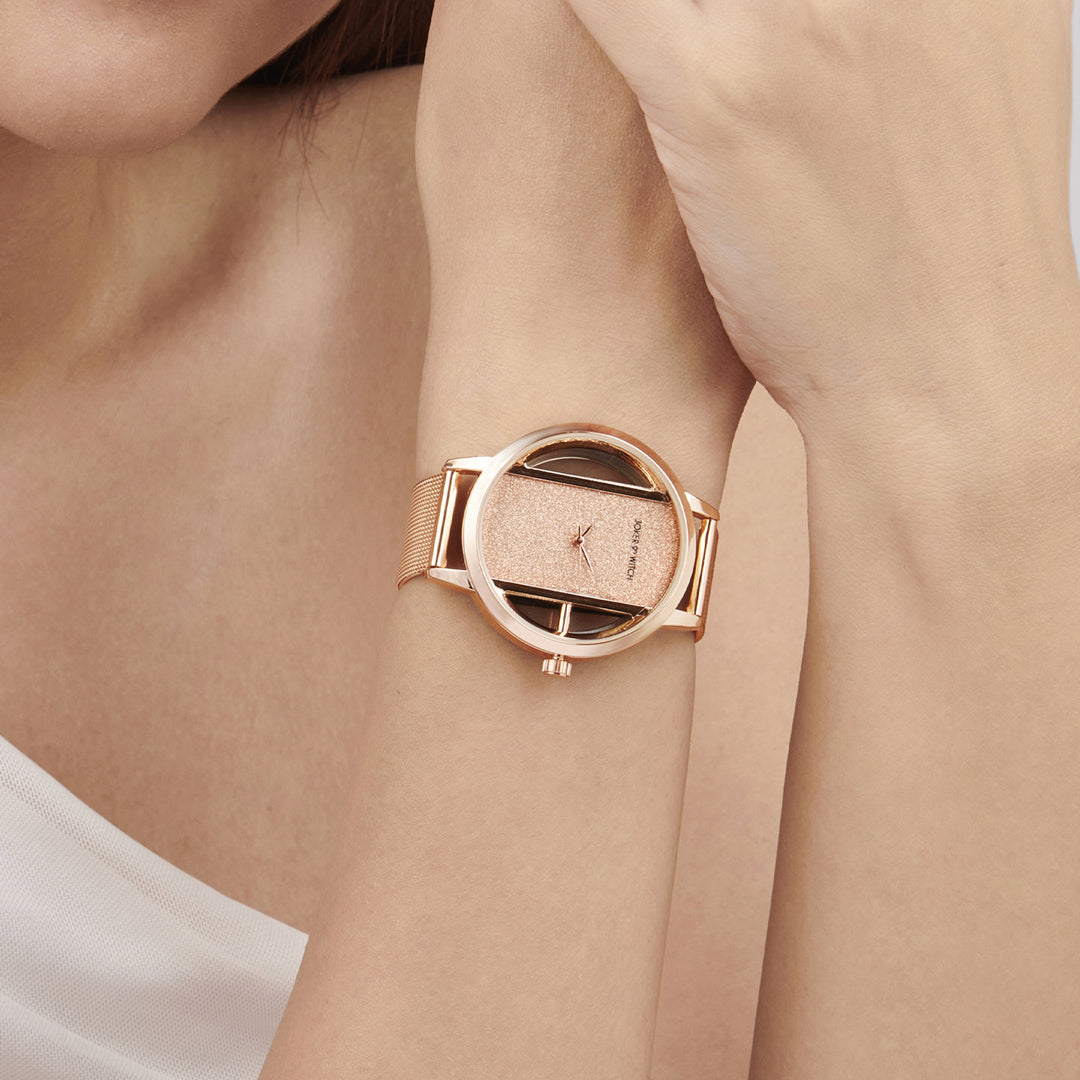 Futuristic Rose Gold Large Glitter Dial Mesh Strap Women's Watch