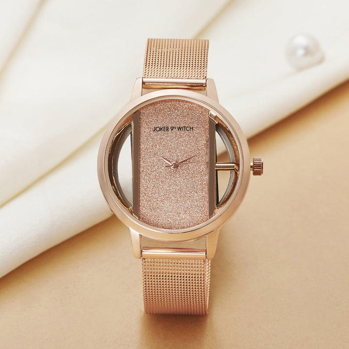 Futuristic Rose Gold Large Glitter Dial Mesh Strap Women's Watch