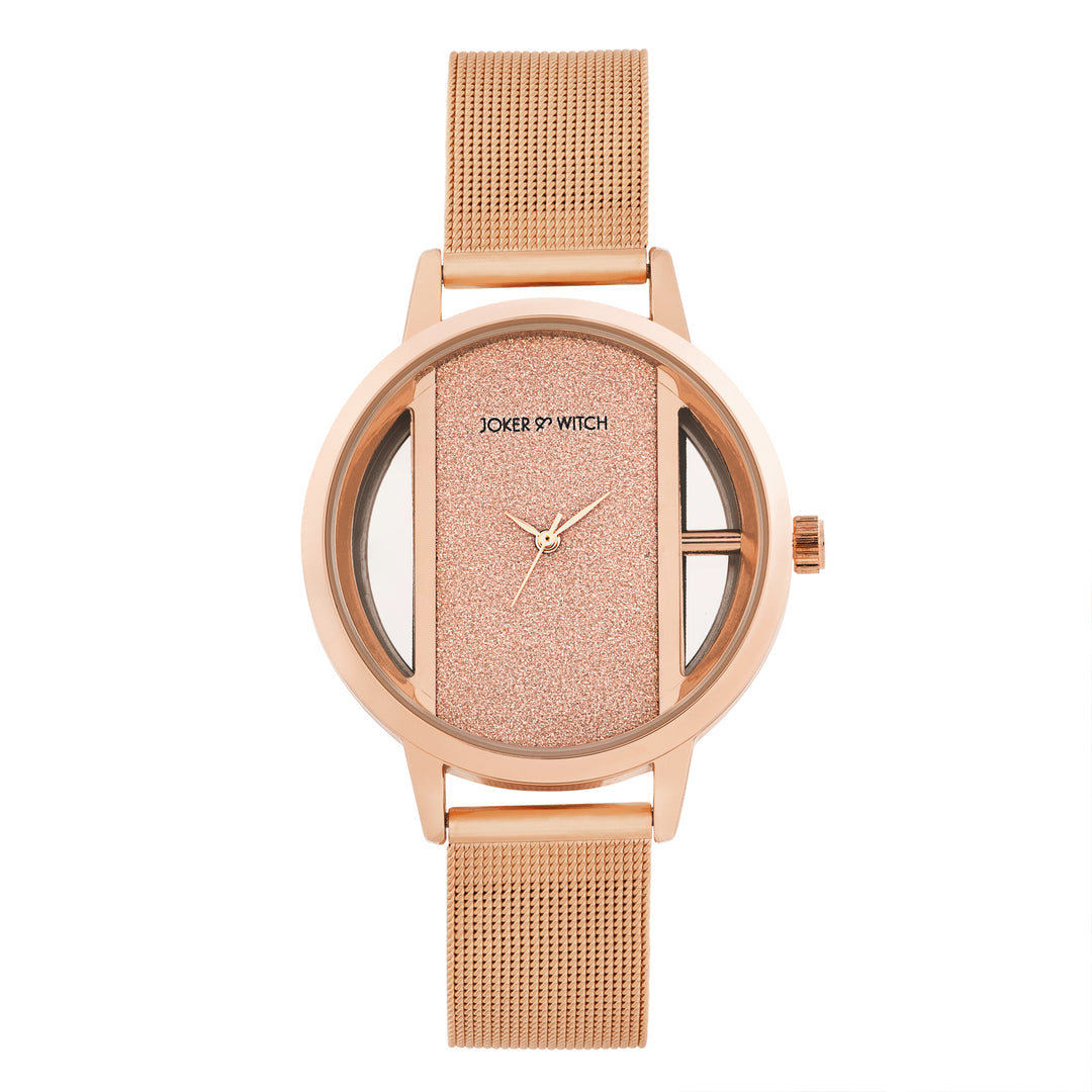 Futuristic Rose Gold Large Glitter Dial Mesh Strap Women's Watch