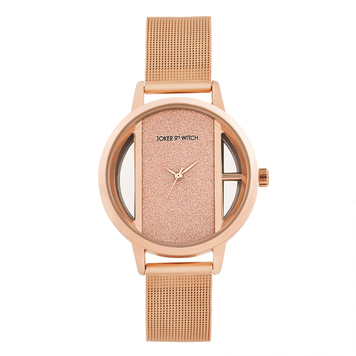 Futuristic Rose Gold Large Glitter Dial Mesh Strap Women's Watch