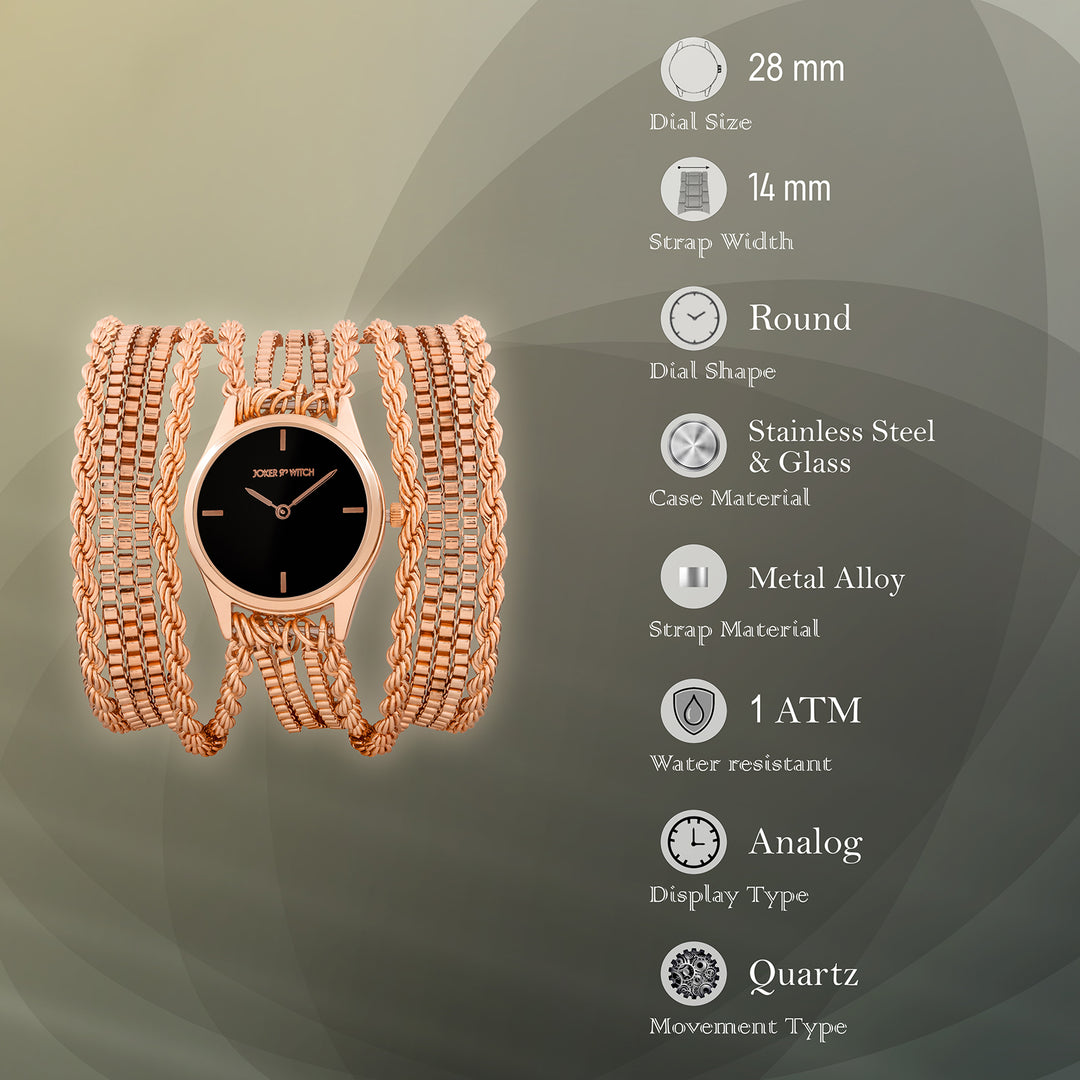 Eltina Black Small Dial Rose Gold Chain Wrap Around Strap Women's Watch