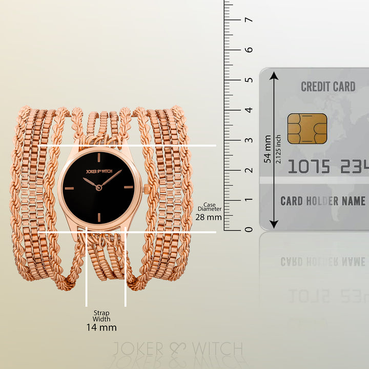 Eltina Black Small Dial Rose Gold Chain Wrap Around Strap Women's Watch