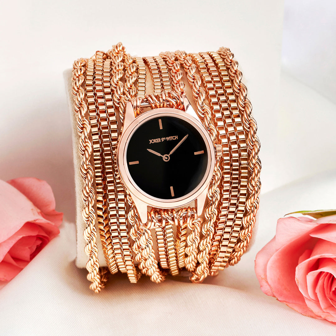 Eltina Black Small Dial Rose Gold Chain Wrap Around Strap Women's Watch