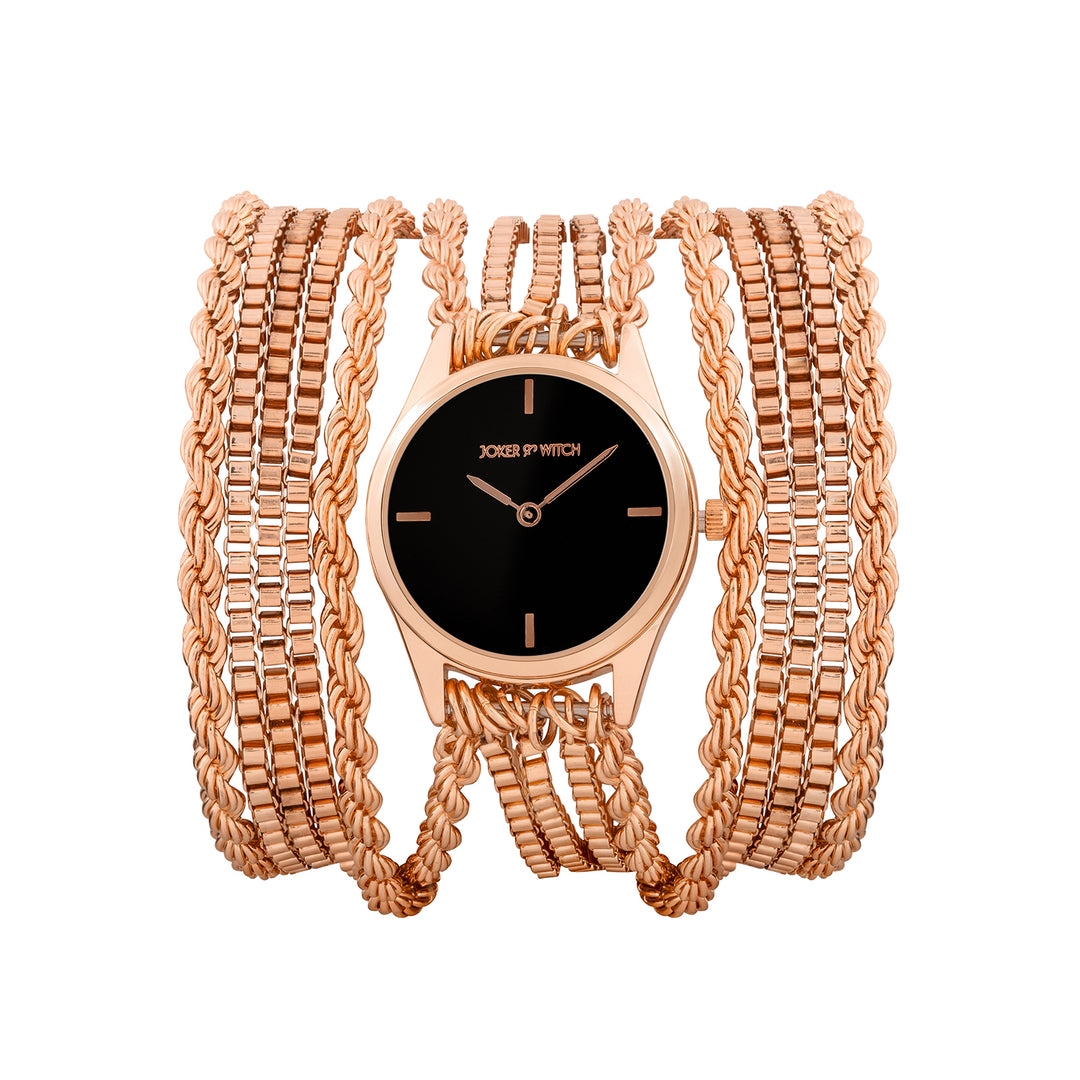 Eltina Black Small Dial Rose Gold Chain Wrap Around Strap Women's Watch