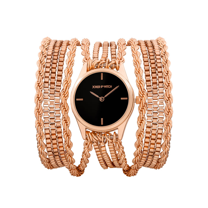 Eltina Black Small Dial Rose Gold Chain Wrap Around Strap Women's Watch