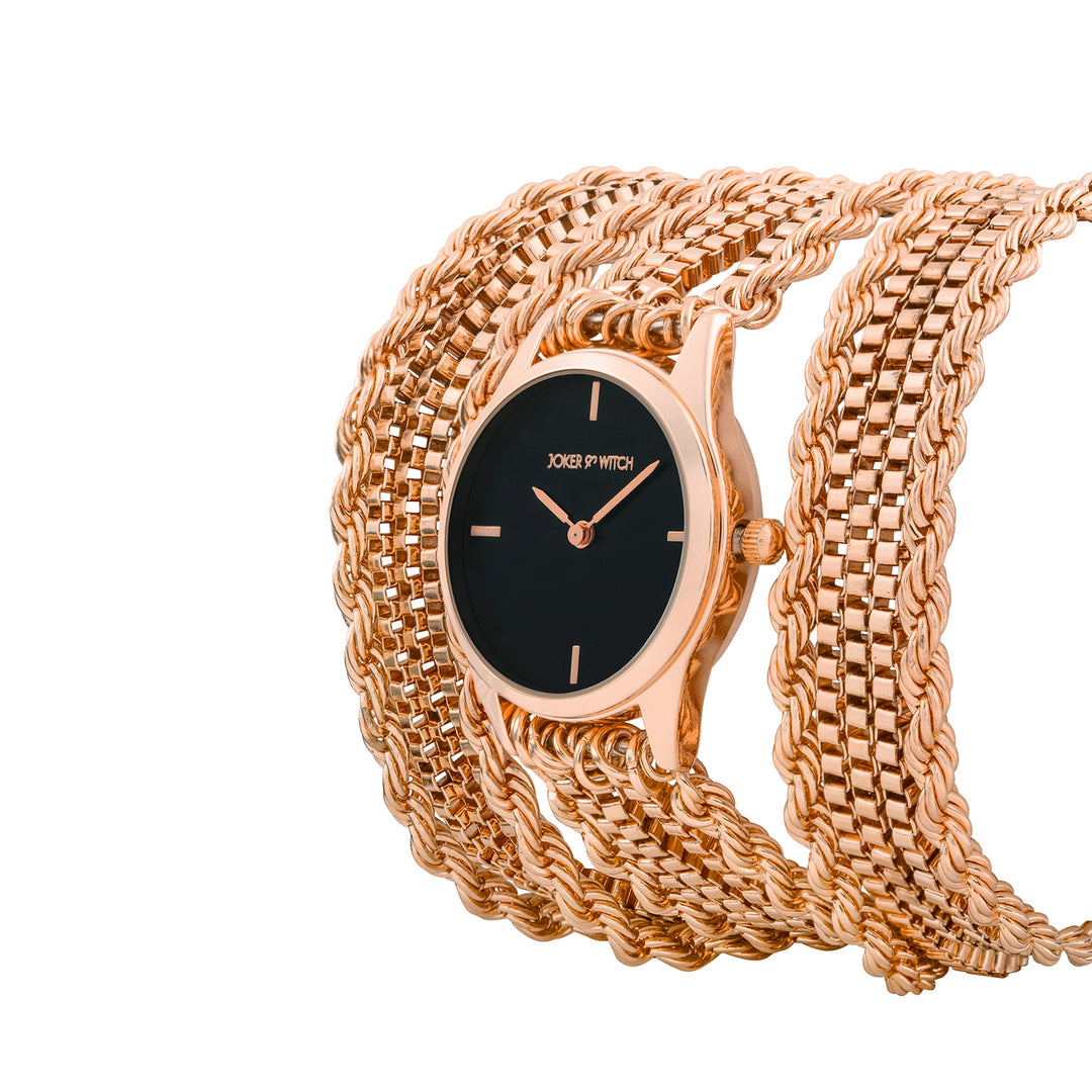 Eltina Black Small Dial Rose Gold Chain Wrap Around Strap Women's Watch