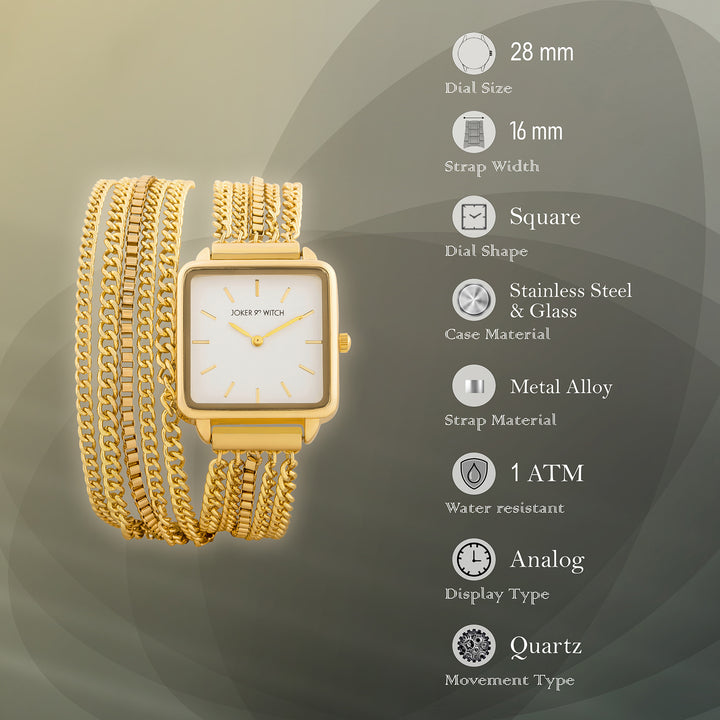 Vine White Small Square Dial Gold Chain Wrap Around Strap Women's Watch