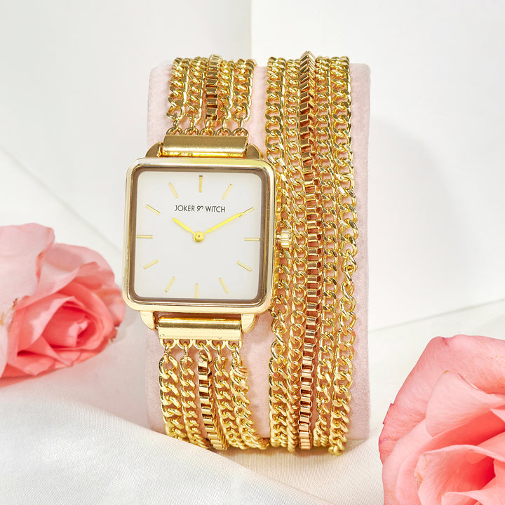 Vine White Small Square Dial Gold Chain Wrap Around Strap Women's Watch