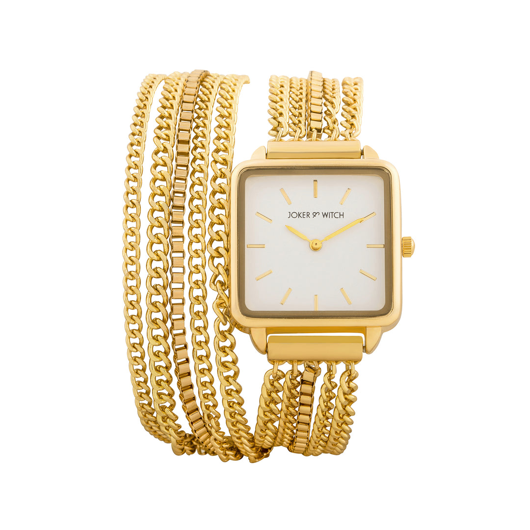 Vine White Small Square Dial Gold Chain Wrap Around Strap Women's Watch