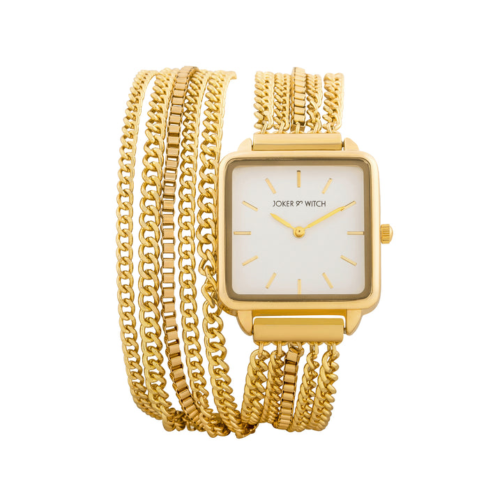 Vine White Small Square Dial Gold Chain Wrap Around Strap Women's Watch
