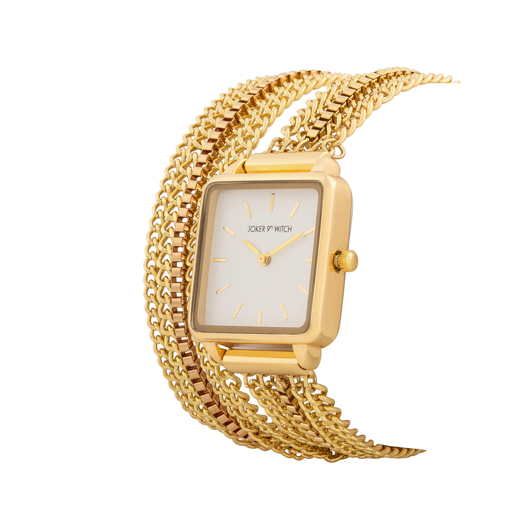 Vine White Small Square Dial Gold Chain Wrap Around Strap Women's Watch