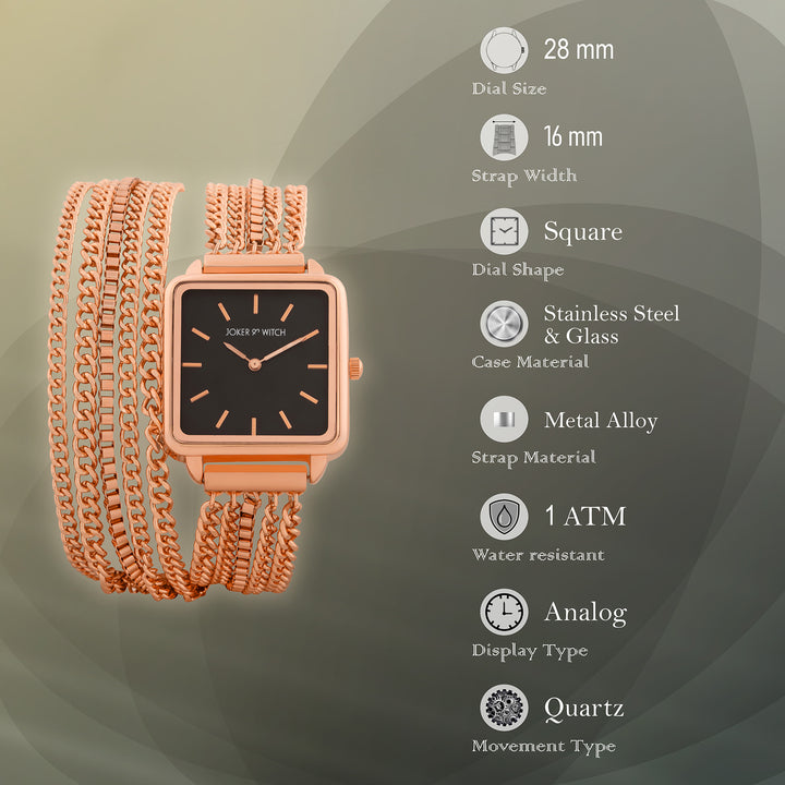 Vine Black Small Square Dial Rose Gold Chain Wrap Around Strap Women's Watch