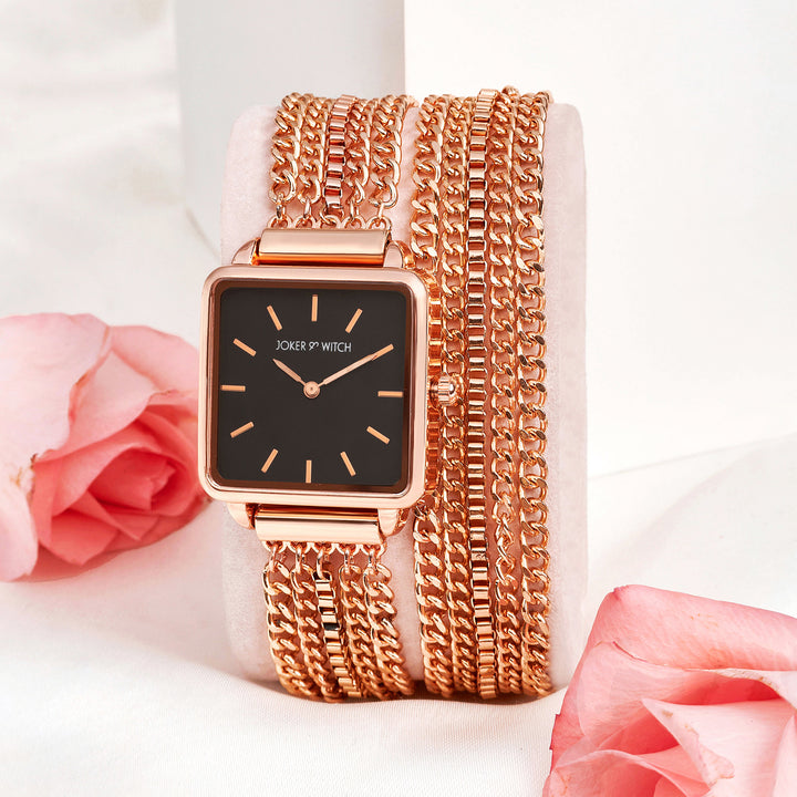 Vine Black Small Square Dial Rose Gold Chain Wrap Around Strap Women's Watch