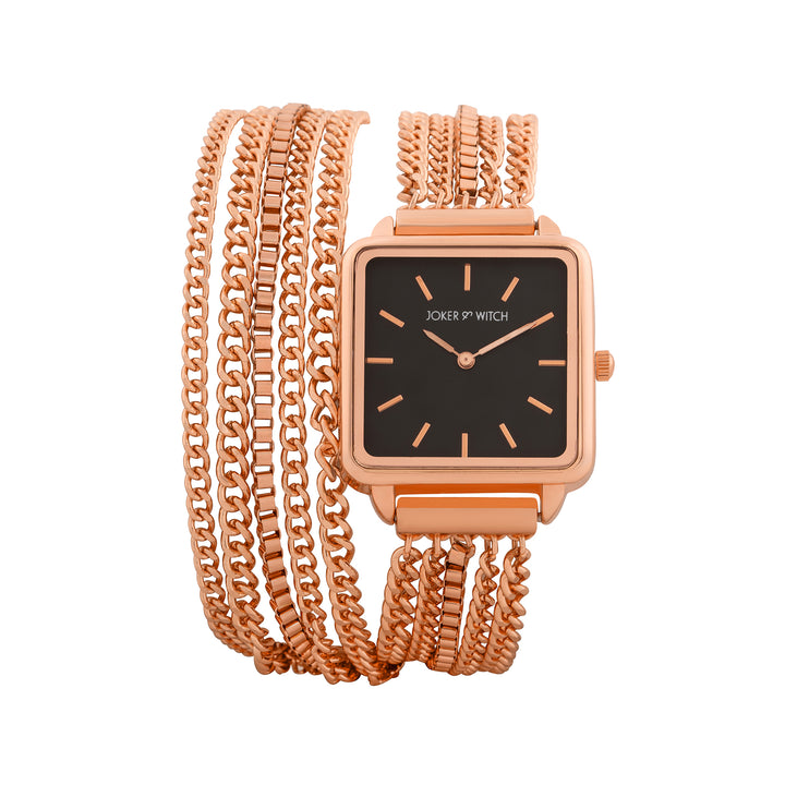 Vine Black Small Square Dial Rose Gold Chain Wrap Around Strap Women's Watch