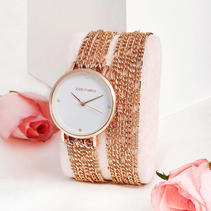 Zelda White Medium Dial Rose Gold Chain Wrap Around Strap Women's Watch