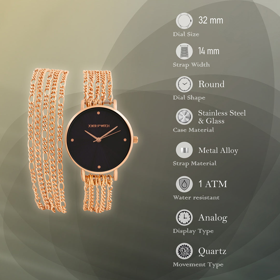 Zelda Black Medium Dial Rose Gold Chain Wrap Around Strap Women's Watch