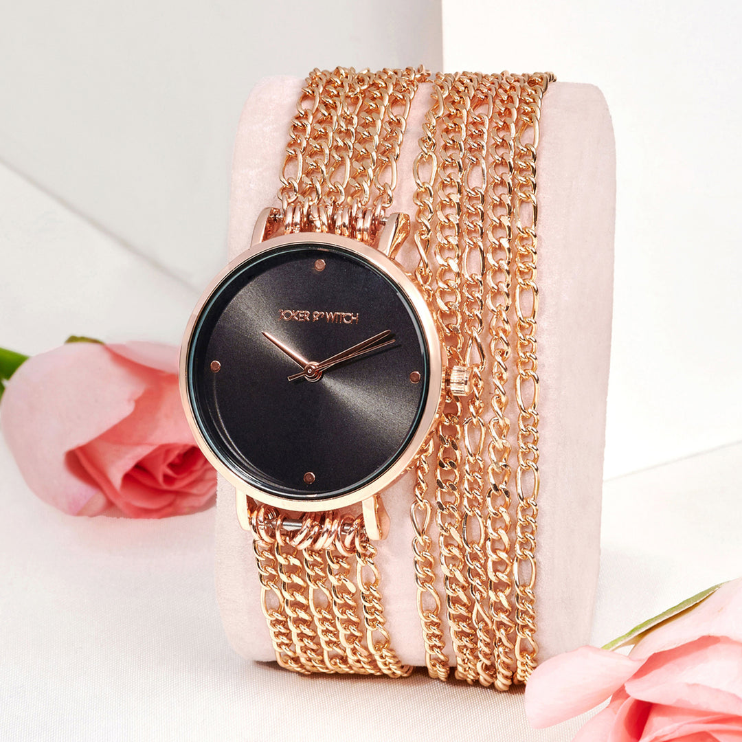 Zelda Black Medium Dial Rose Gold Chain Wrap Around Strap Women's Watch