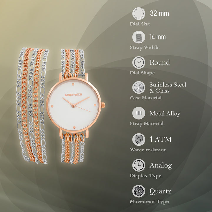 Zelda White Medium Dial Dual Tone Chain Wrap Around Strap Women's Watch