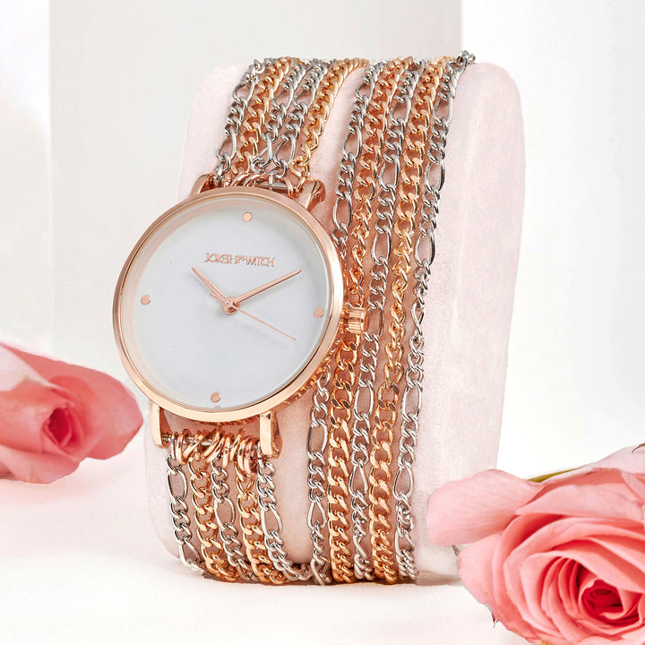 Zelda White Medium Dial Dual Tone Chain Wrap Around Strap Women's Watch