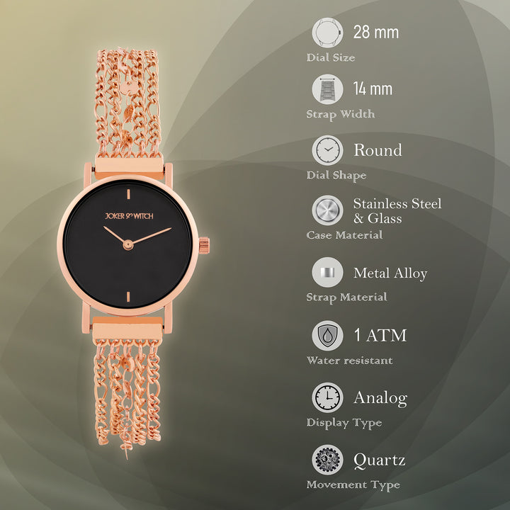 Seraphina Black Small Dial Rose Gold Chain Strap Women's Watch
