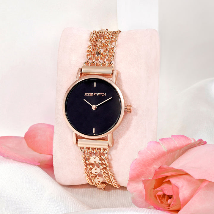 Seraphina Black Small Dial Rose Gold Chain Strap Women's Watch