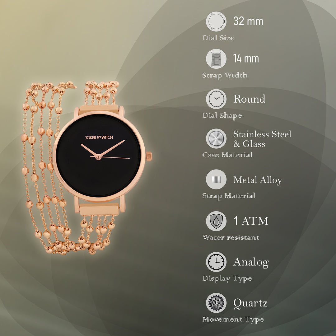 Nami Black Medium Dial Rose Gold Chain Wrap Around Strap Women's Watch