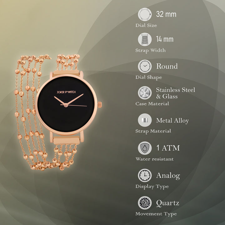 Nami Black Medium Dial Rose Gold Chain Wrap Around Strap Women's Watch