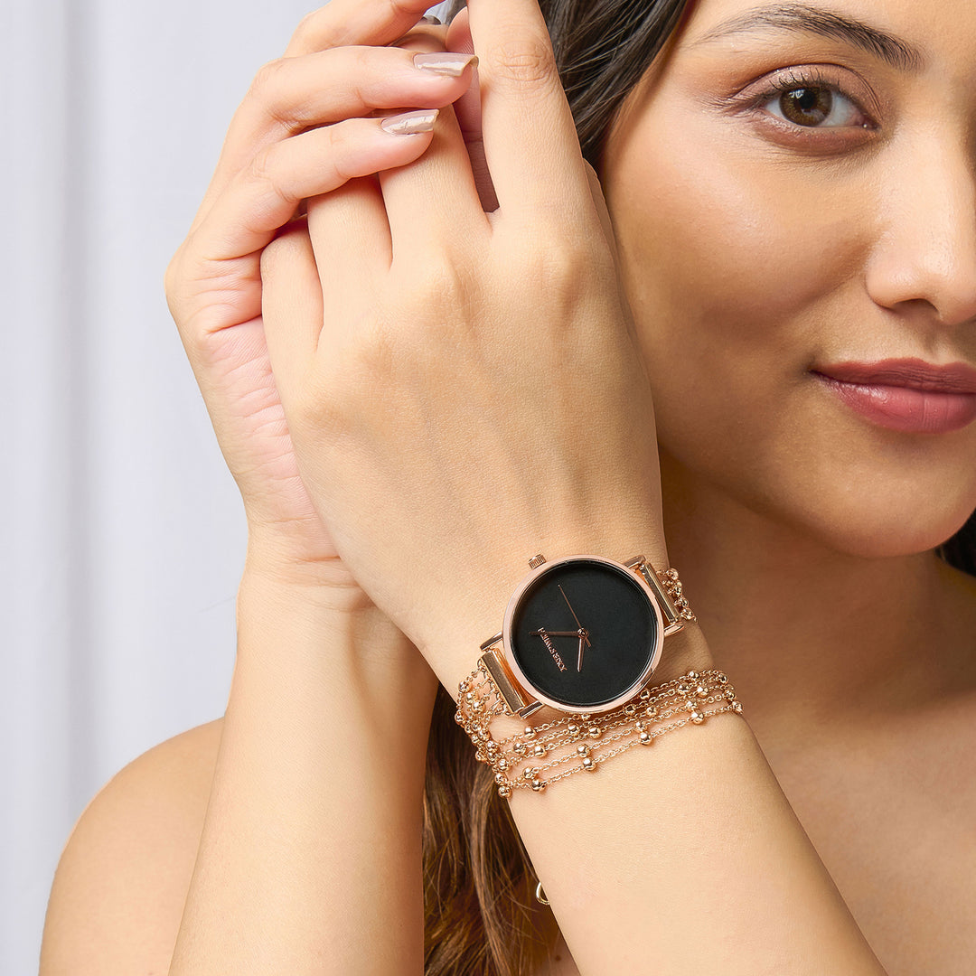 Nami Black Medium Dial Rose Gold Chain Wrap Around Strap Women's Watch