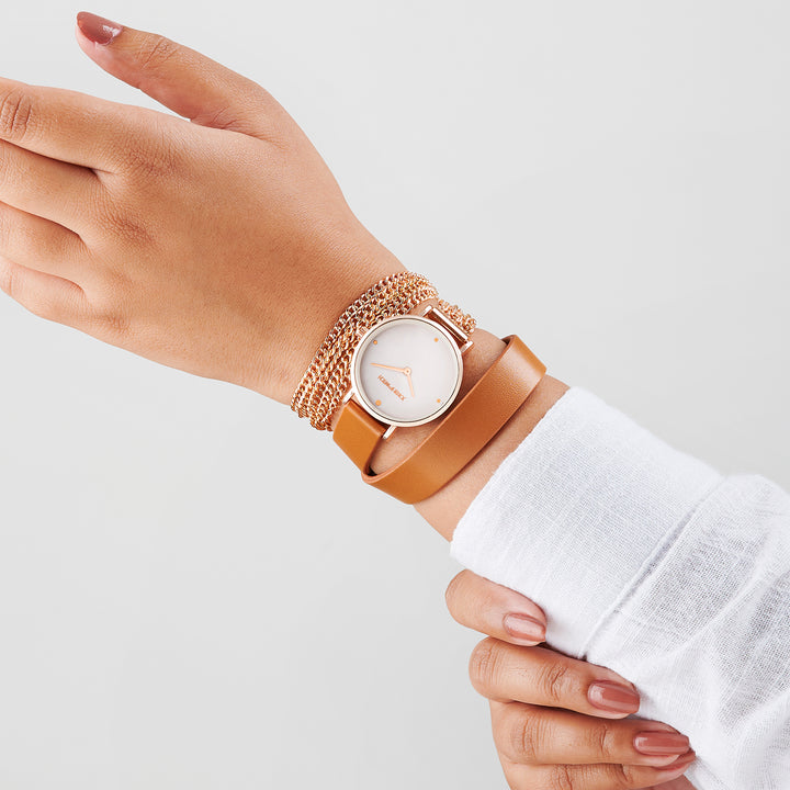 Kenny White Medium Dial Brown PU-Chain Wrap Around Strap Women's Watch