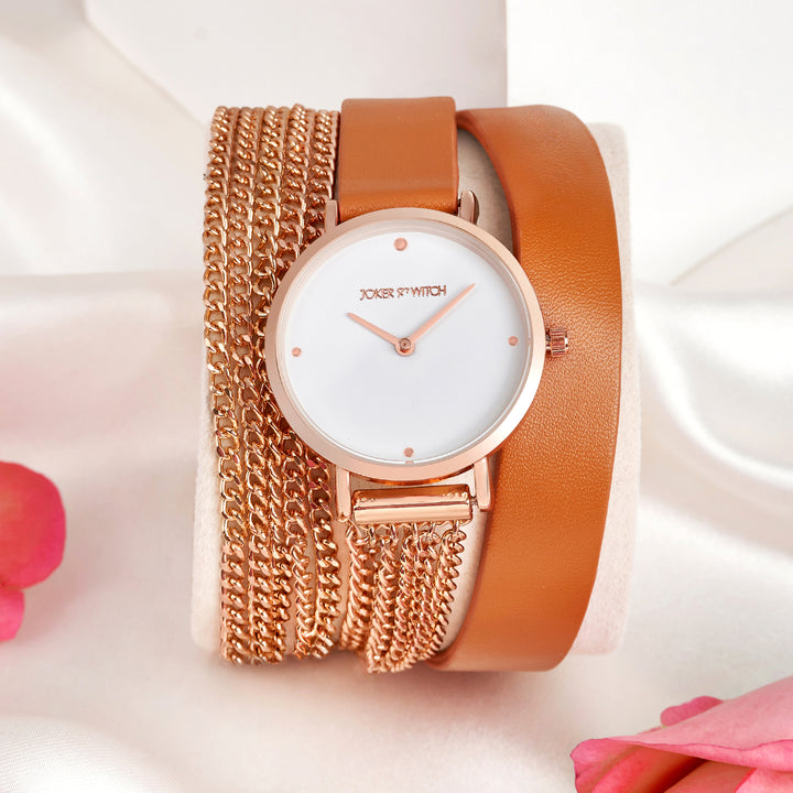 Kenny White Medium Dial Brown PU-Chain Wrap Around Strap Women's Watch