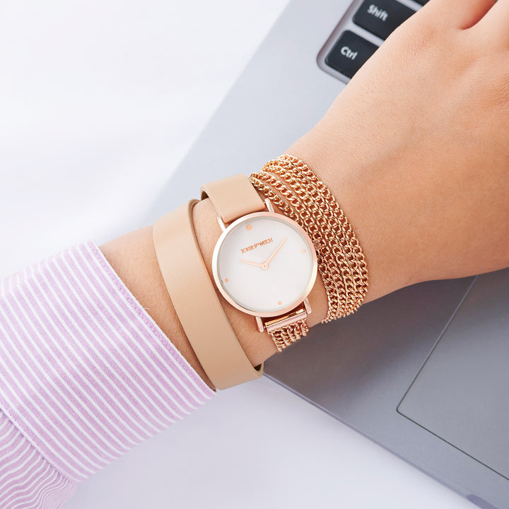 Kenny White Medium Dial Beige PU-Chain Wrap Around Strap Women's Watch