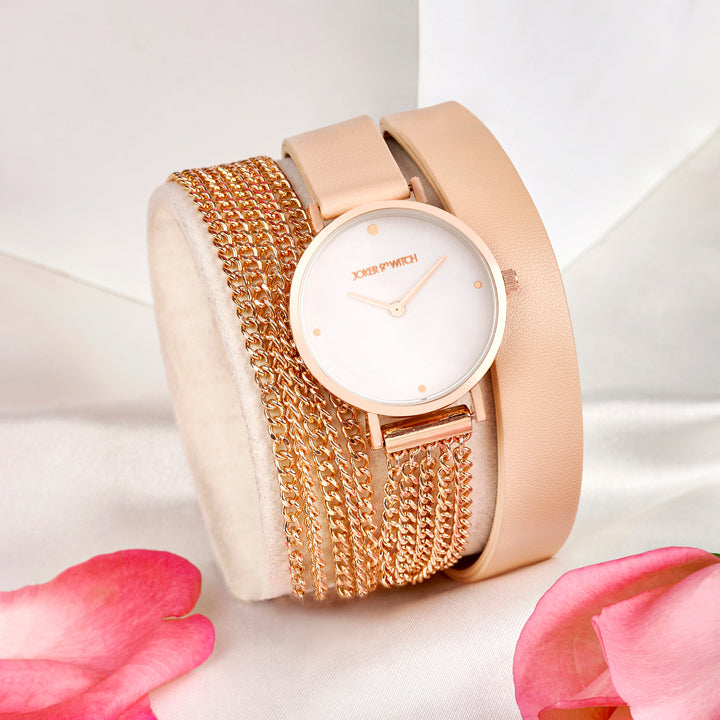 Kenny White Medium Dial Beige PU-Chain Wrap Around Strap Women's Watch