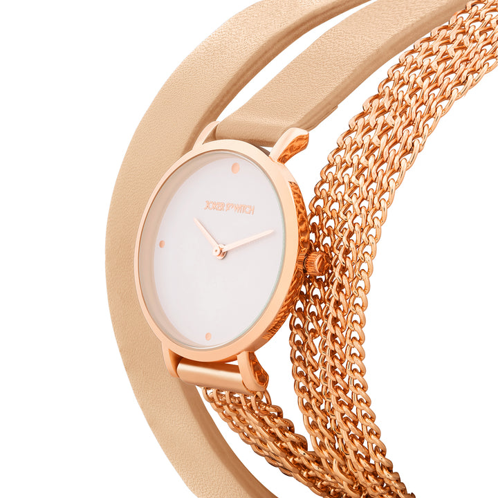 Kenny White Medium Dial Beige PU-Chain Wrap Around Strap Women's Watch