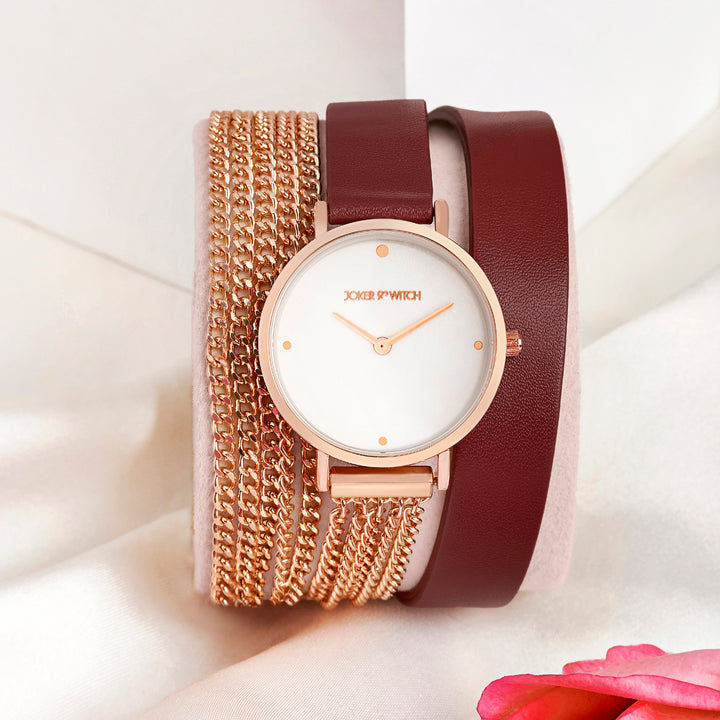 Kenny White Medium Dial Maroon PU-Chain Wrap Around Strap Women's Watch