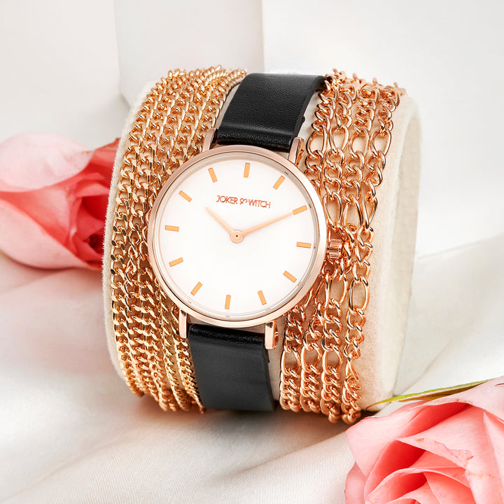 Winona White Medium Dial Black PU-Chain Wrap Around Strap Women's Watch