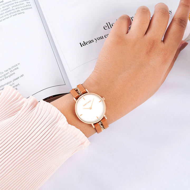 Kristina White Medium Dial Brown PU-Chain Strap Women's Watch