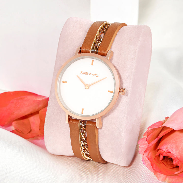 Kristina White Medium Dial Brown PU-Chain Strap Women's Watch
