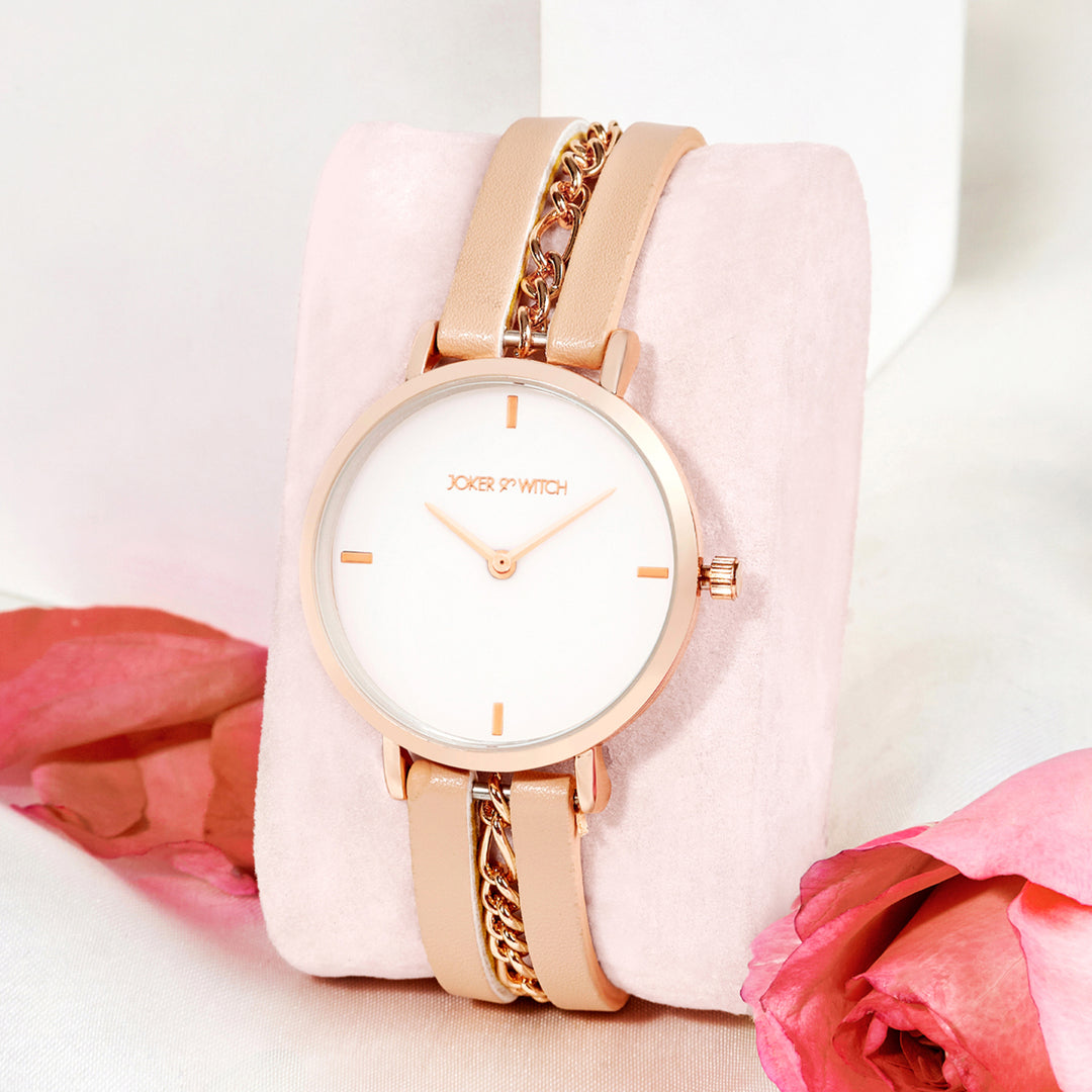 Kristina White Medium Dial Beige PU-Chain Strap Women's Watch