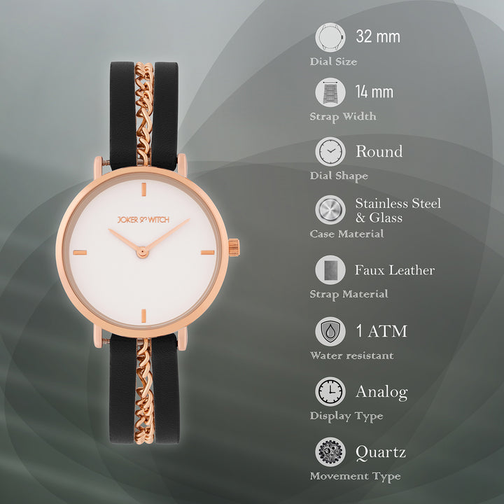 Kristina White Medium Dial Black PU-Chain Strap Women's Watch