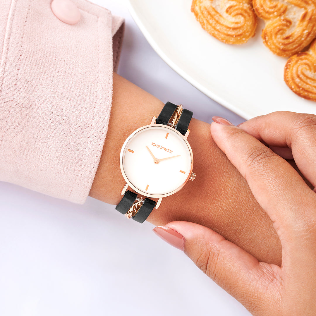 Kristina White Medium Dial Black PU-Chain Strap Women's Watch