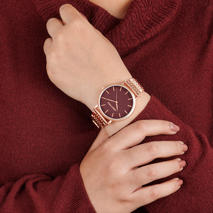 Nebula Maroon Large Dial Rose Gold Linked Chain Strap Women's Watch