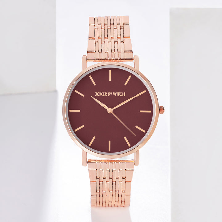 Nebula Maroon Large Dial Rose Gold Linked Chain Strap Women's Watch