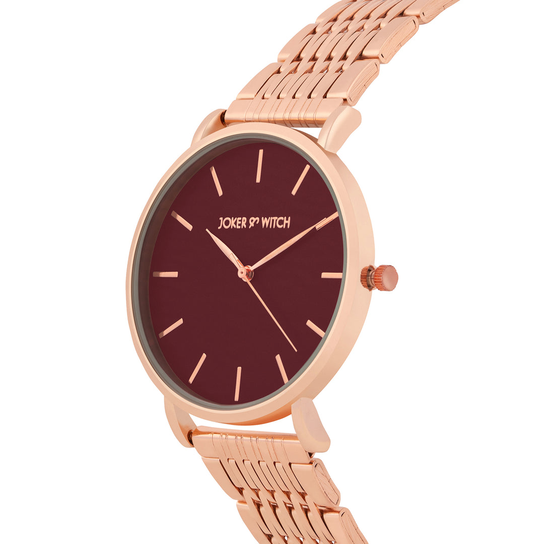 Nebula Maroon Large Dial Rose Gold Linked Chain Strap Women's Watch