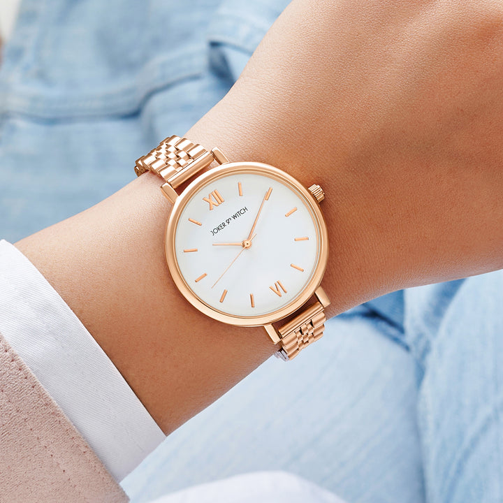 Agnes White Large Dial Rose Gold Linked Chain Strap Women's Watch