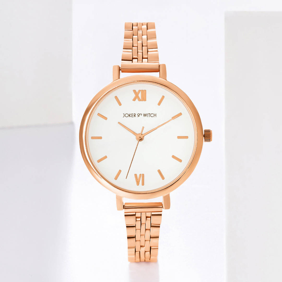 Agnes White Large Dial Rose Gold Linked Chain Strap Women's Watch
