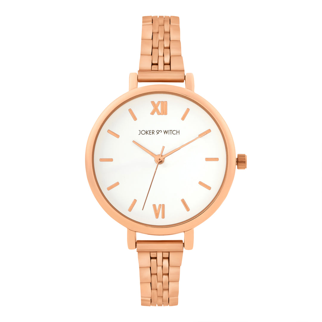 Agnes White Large Dial Rose Gold Linked Chain Strap Women's Watch
