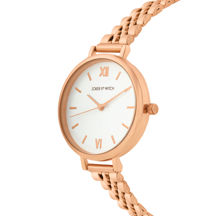 Agnes White Large Dial Rose Gold Linked Chain Strap Women's Watch