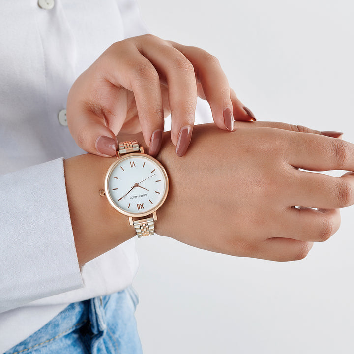 Agnes White Large Dial Dual Tone Linked Chain Strap Women's Watch